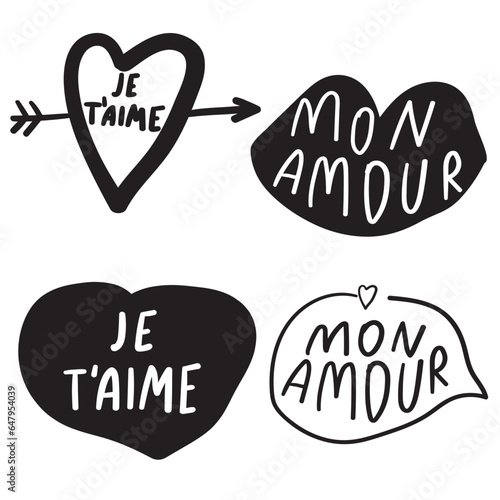 Collection on vector badges. Romantic words in French. Black and white graphic design. 
