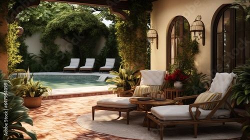 an outside patio with cozy furniture and a pool