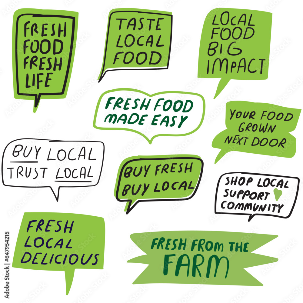 Fresh local food. Set of hand drawn badges. Vector graphic design. Illustrations on white background. Fresh local food. Set of hand drawn badges. Vector graphic design. Illustrations on white background.