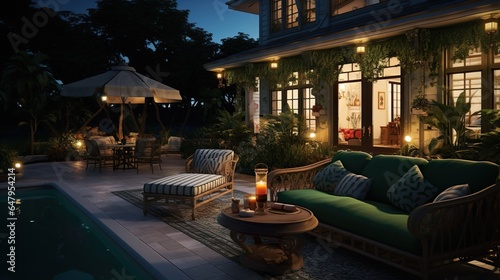 evening an outside patio with green furniture and a pool