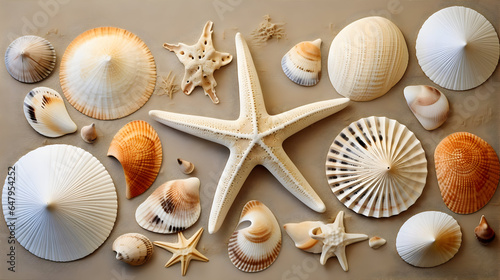 small seashells, fossil coral and sand dollars, puka shells, a sea urchin and a white starfish sea star, ocean, summer and vacation photo