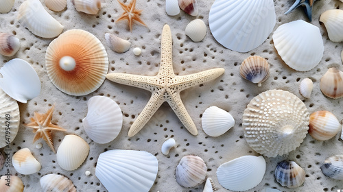 small seashells, fossil coral and sand dollars, puka shells, a sea urchin and a white starfish sea star, ocean, summer and vacation