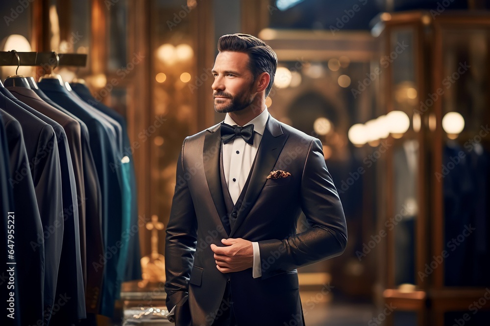 Businessman trying on suit in famous elegant dress shop - obrazy, fototapety, plakaty 