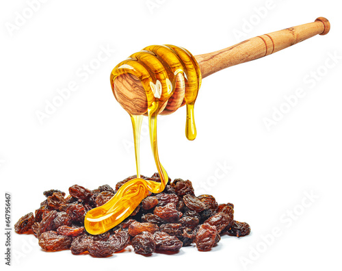 dripping honey on raisins isolated on white background