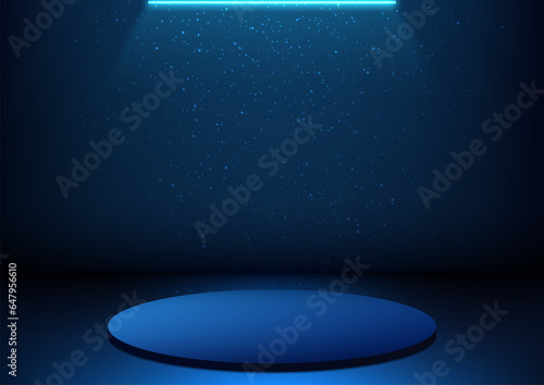3D Blue Podium with Fluorescent Lighting and Particles