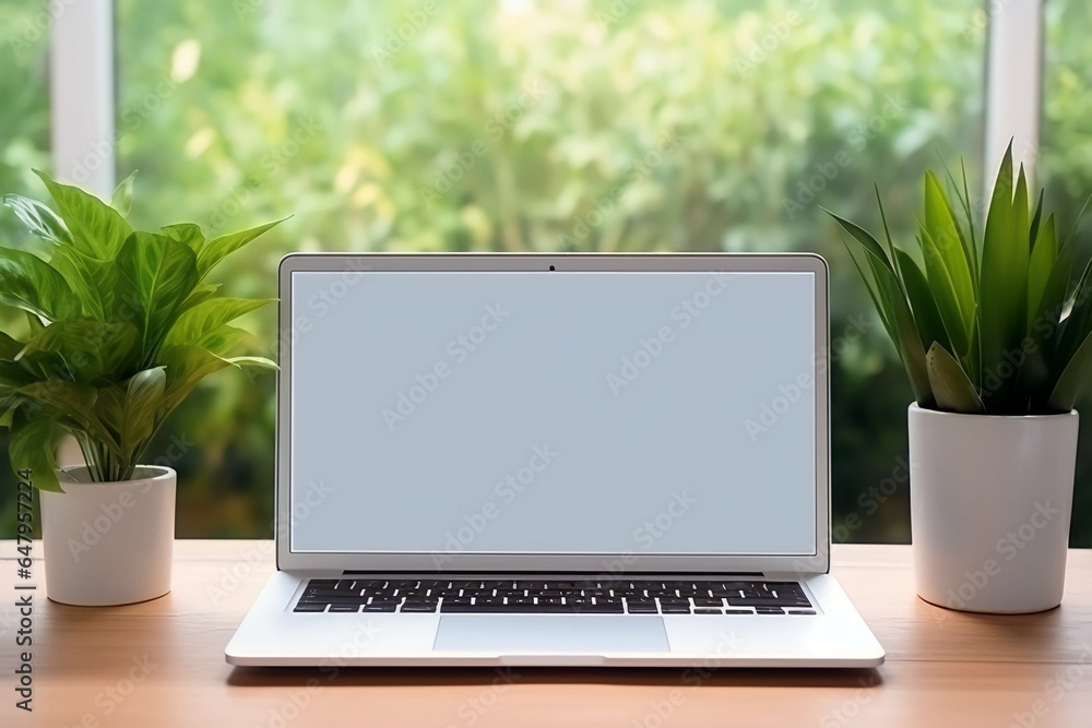 Fototapeta premium Workspace with blank screen laptop for mockup