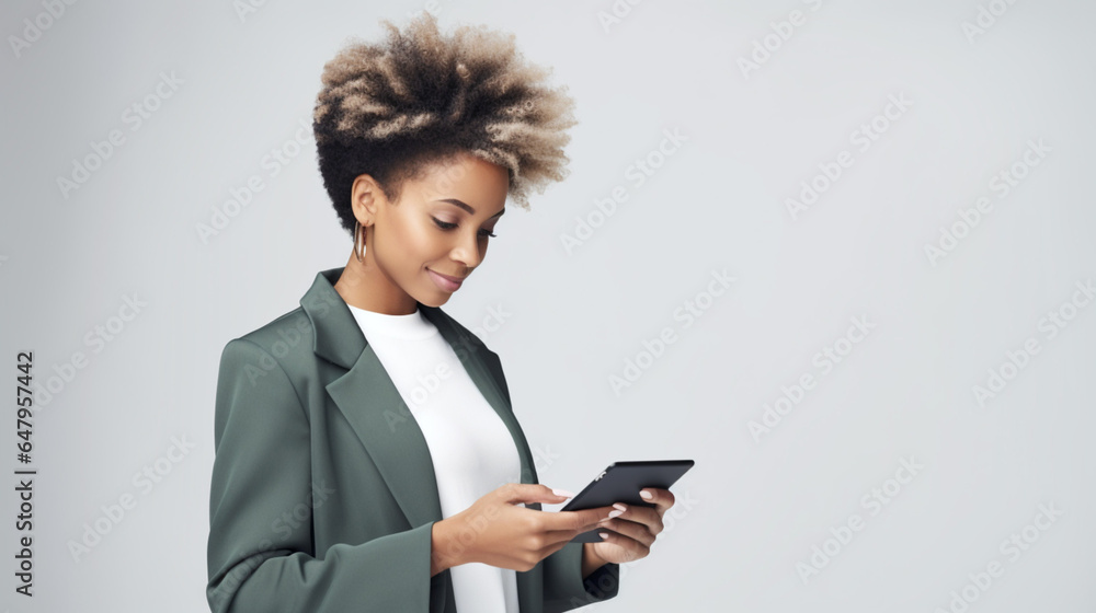African American female paying for purchase with credit card for online banking on gray background. Shopping on tablet. Banner African American female paying for purchase with credit card for online banking on gray background. Shopping on tablet. Banner