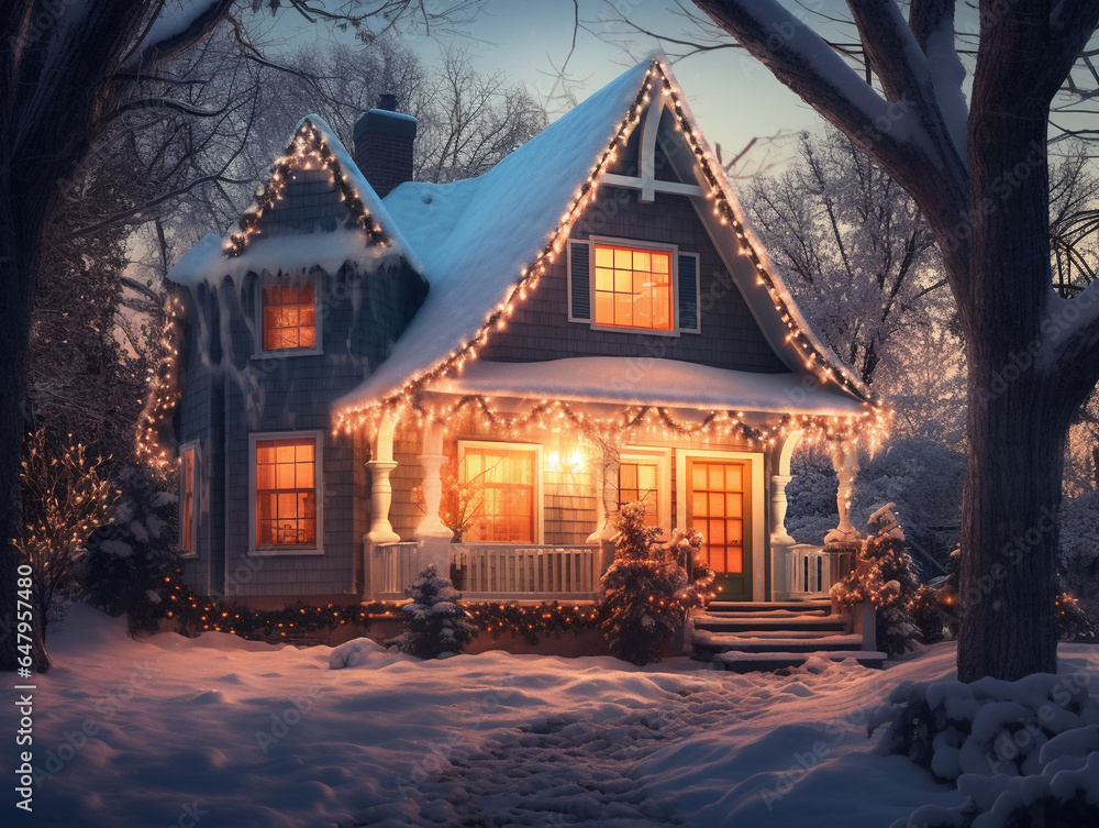 Beautiful cozy traditional christmas house In the woods, decorated garlands and lights on a winter night