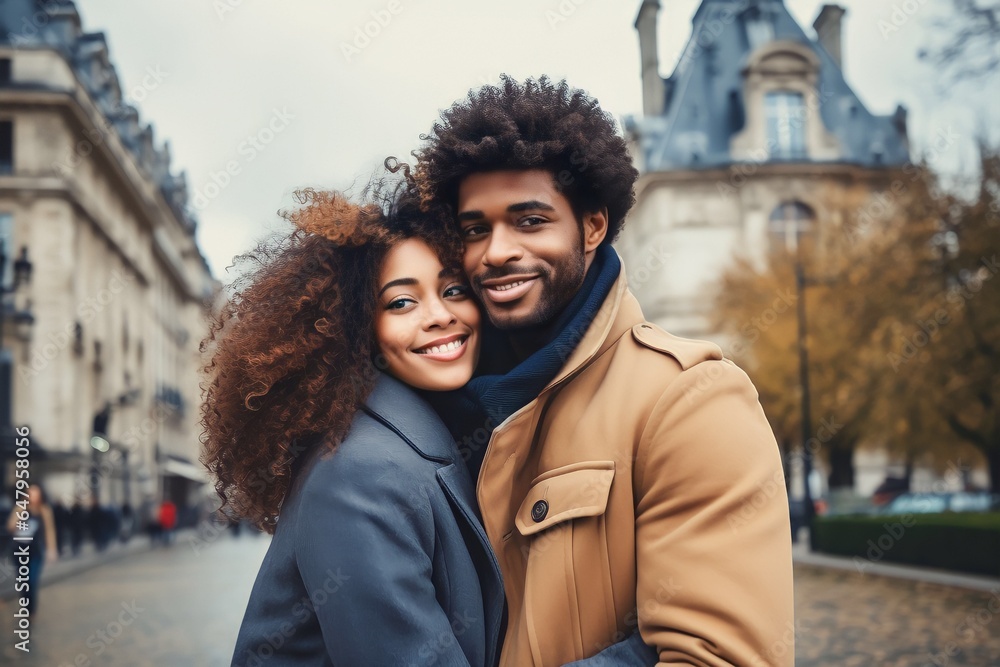 Young beautiful and handsome Afro-american couple hugging in love in city