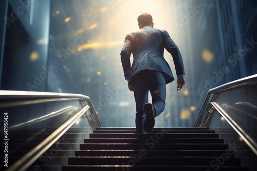 Young successful male businessman in a suit climbs up the stairs to success
