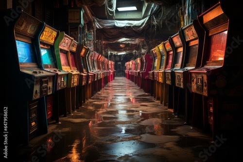 Vintage arcade filled with classic video games and colorful graphics, Generative AI 