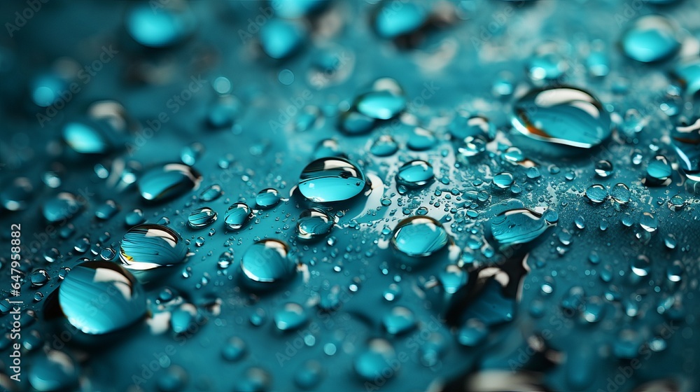 Close-up of Dew Drops on Blue Surface with Selective Focus - obrazy, fototapety, plakaty 