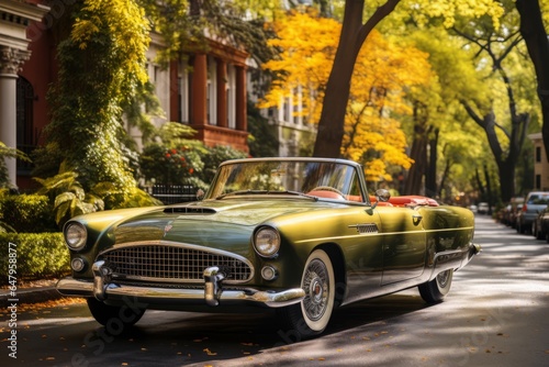Vintage convertible car with the top down, driving through a palm-lined street, Generative AI