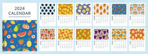 2024 Calendar template with vertical pages design fruit, berries pattern. Weeks starts on Sunday. Wall, desk, screen, planner on year. Vector illustration