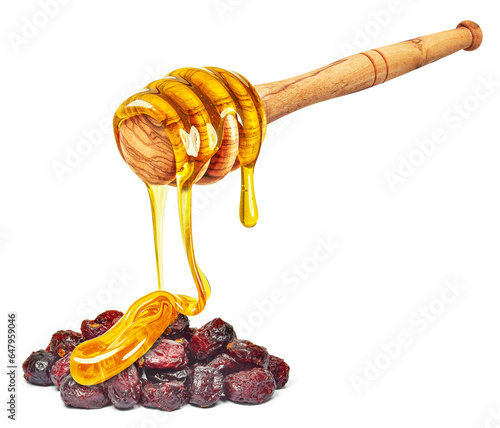 Fotografie dripping honey on cranberries isolated on white background