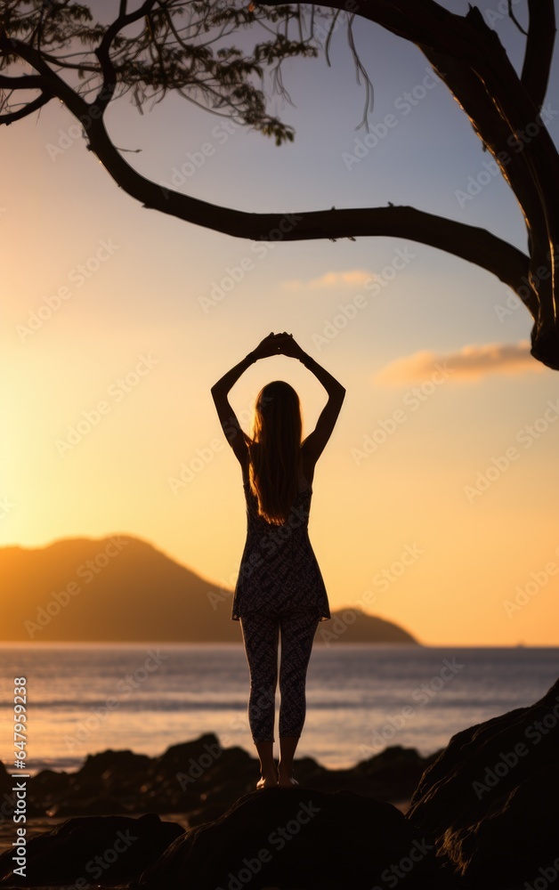 Tranquil Yoga by the Sea: Morning Bliss with Sun Behind