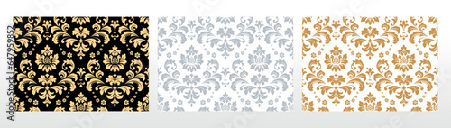 Wallpapers in the style of Baroque. Seamless vector backgrounds. Set of colored floral ornaments. Graphic patterns for fabric, wallpaper, packaging. Ornate Damask flower ornaments