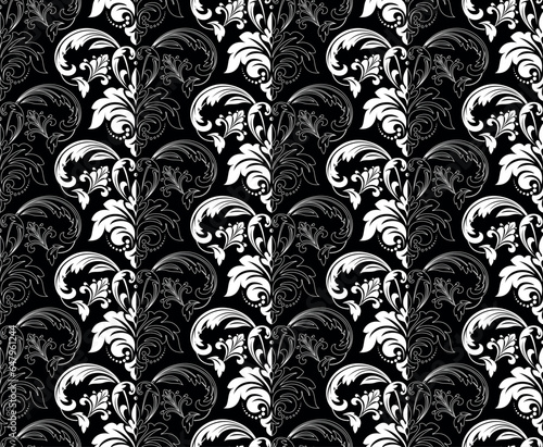 Wallpaper in the style of Baroque. Seamless vector background. White and black floral ornament. Graphic pattern for fabric, wallpaper, packaging. Ornate Damask flower ornament