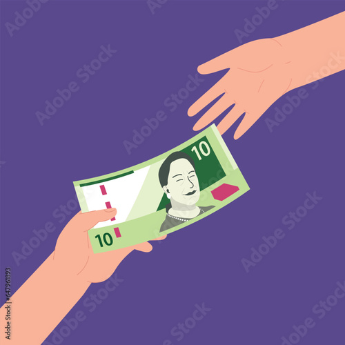 Mano Dando 10 Soles a Otra Mano. Dar Dinero. Pagar Dinero a un Amigo, Deuda y Préstamo, Pago de Incentivos o Bonificaciones, Concepto de Crédito o Préstamo.