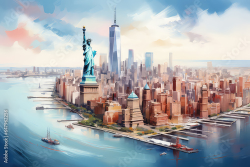 oil painting on canvas, The Statue of Liberty with One World Trade Center background, Landmarks of New York City, USA. (ai generated)