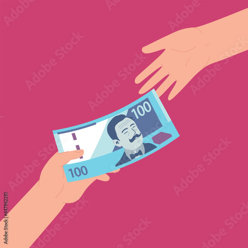 Mano Dando 100 Soles a Otra Mano. Dar Dinero. Pagar Dinero a un Amigo, Deuda y Préstamo, Pago de Incentivos o Bonificaciones, Concepto de Crédito o Préstamo.