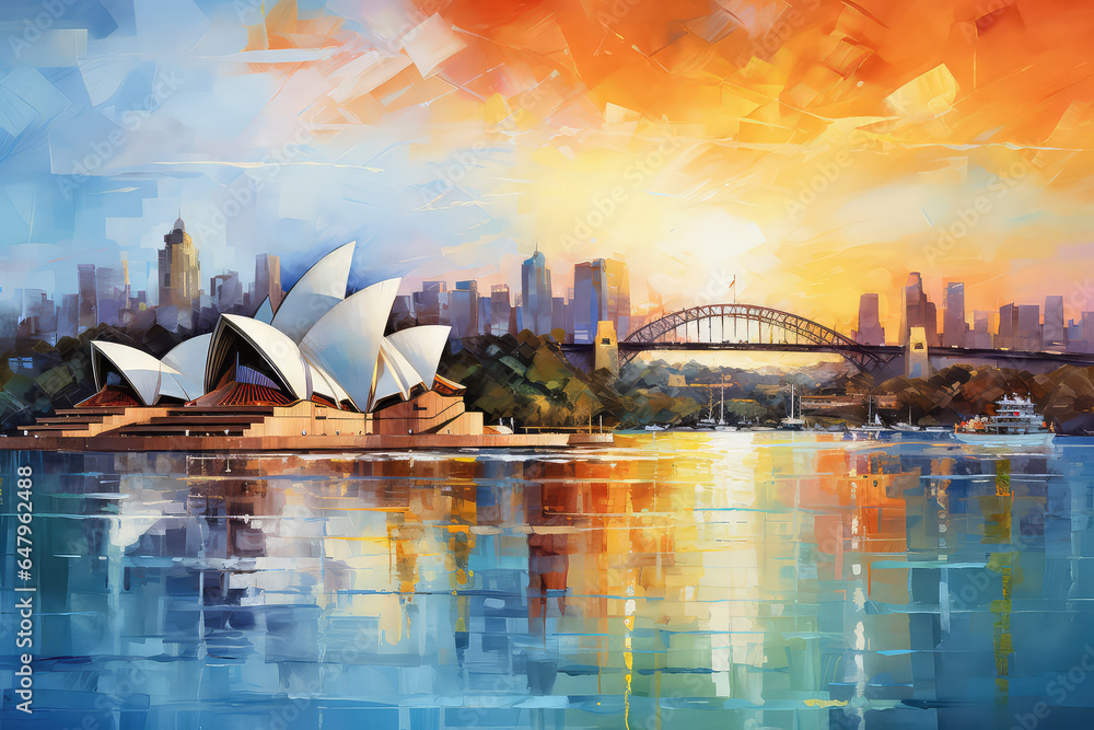 Fototapeta premium oil painting on canvas, Pinkish colourful sunrise over Sydney city CBD on waterfront of Harbour around Circular quay with major architectural landmarks and symbols of Australia. (ai generated)