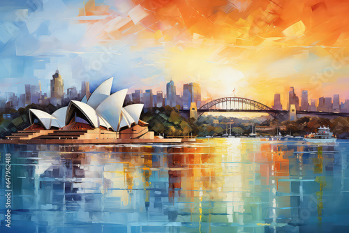 Murais de parede oil painting on canvas, Pinkish colourful sunrise over Sydney city CBD on waterfront of Harbour around Circular quay with major architectural landmarks and symbols of Australia