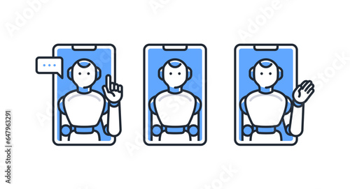 スマホと人型AIロボットのシンプルなベクターアイコンイラストセット素材