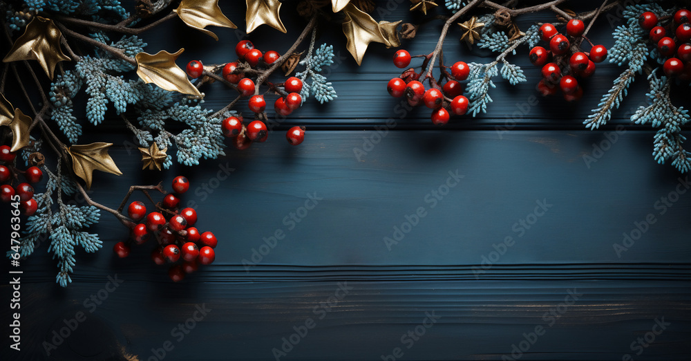 Christmas background with decoration with fir branches and red berries on dark blue wood table, Winter holiday greeting concept,Generative ai - obrazy, fototapety, plakaty 