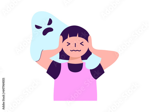 mental health woman character element design, flat symbol illustration of woman affected by mental health, schizophrenia pose
