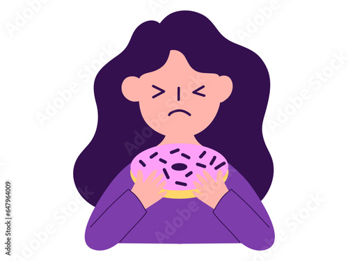 mental health woman character element design, flat symbol illustration of woman affected by mental health, bulimia nervosa pose
