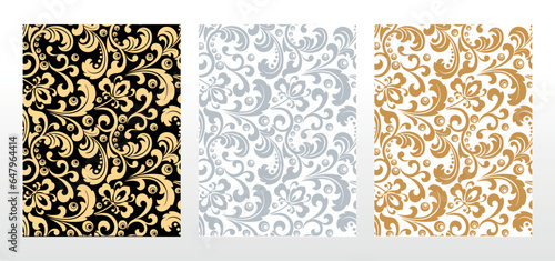 Wallpapers in the style of Baroque. Seamless vector backgrounds. Set of colored floral ornaments. Graphic patterns for fabric, wallpaper, packaging. Ornate Damask flower ornaments