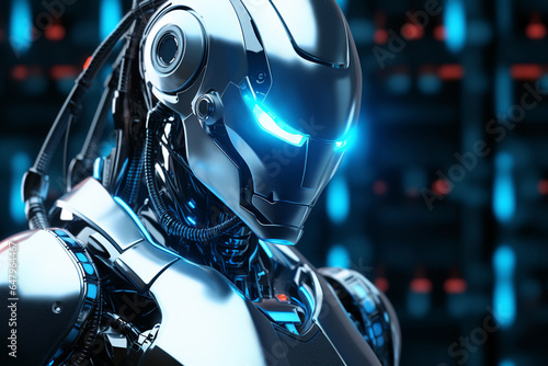 Portrait of a futuristic android robot made of metal and tubes with glowing blue eyes