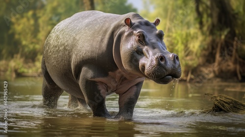Big Hippo in River Animal Landscape