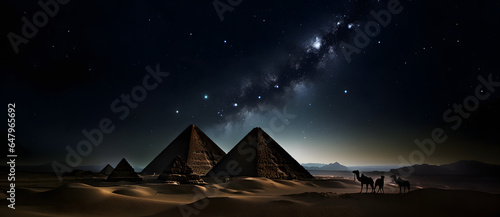 a group of four pyramids on a desert at night