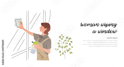 ベクターイラスト素材：室内の窓を拭く女性
