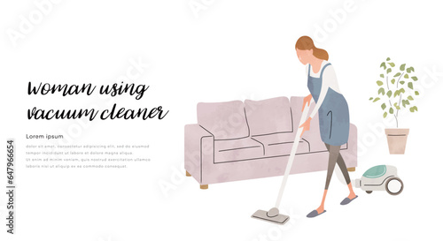 ベクターイラスト素材：掃除機をかける女性

