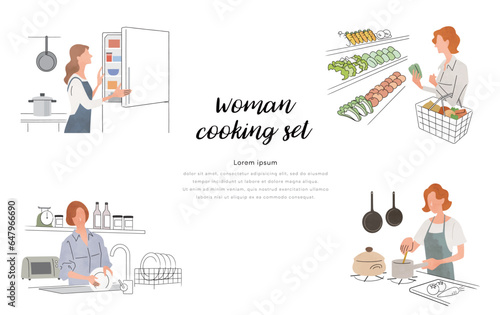 ベクターイラスト素材：料理の準備をする女性、人物セット
