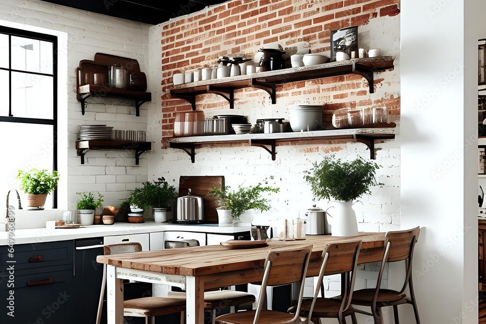 Rustic kitchen interior with white brick wall. Modern room design with wooden furniture, cozy home with vintage decoration. Tabletop with food, shelves with ceramic kitchenware. 3d rendering