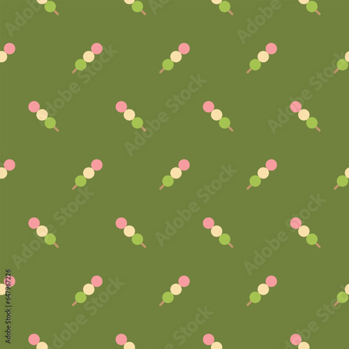 Sanshoku dango pattern vector illustration on green background. Dango is Japanese traditional snack. Seamless pattern and texture background design. Repeat pattern and decoration.