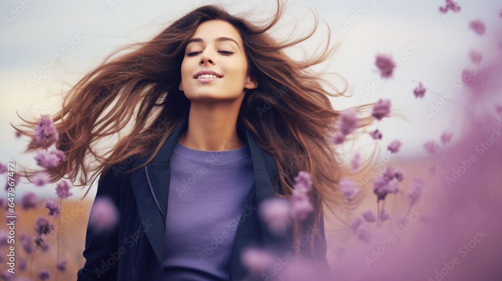 Beautiful long black hair woman with purple flowers Stock Photo | Adobe ...