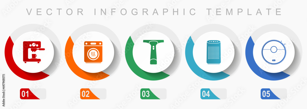 Home appliances icon set, miscellaneous icons such as coffe maker, dryer, window cleaner and vacuum cleaner, flat design vector infographic template, web buttons in 5 color options Home appliances icon set, miscellaneous icons such as coffe maker, dryer, window cleaner and vacuum cleaner, flat design vector infographic template, web buttons in 5 color options
