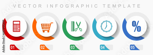 Shopping icon set, miscellaneous icons such as calculator, cart, barber, clock and percent, flat design vector infographic template, web buttons in 5 color options