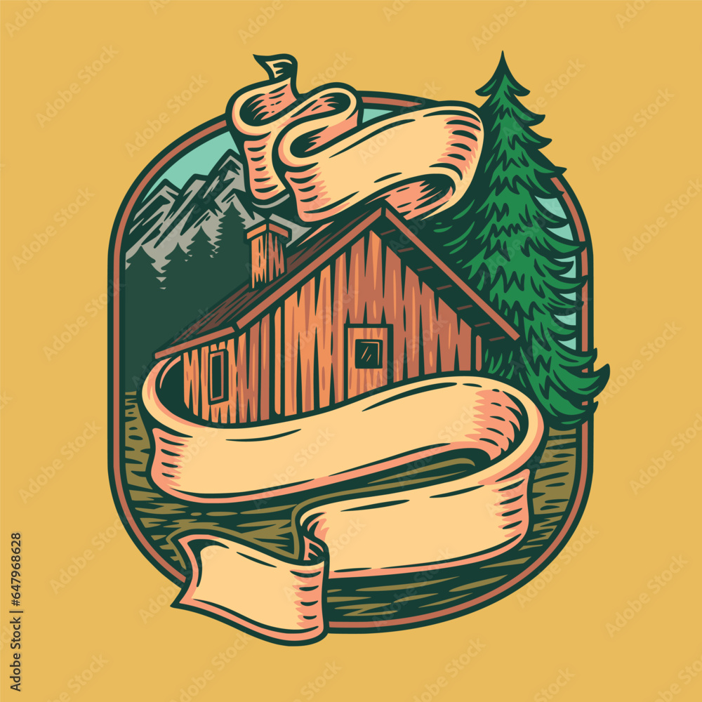 Obraz premium Wooden house with pine tree and ribbon mountains illustration