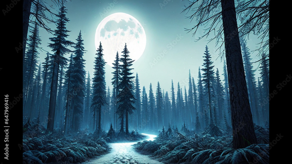 dark forest with a full moon in the background, concept art, conceptual ...