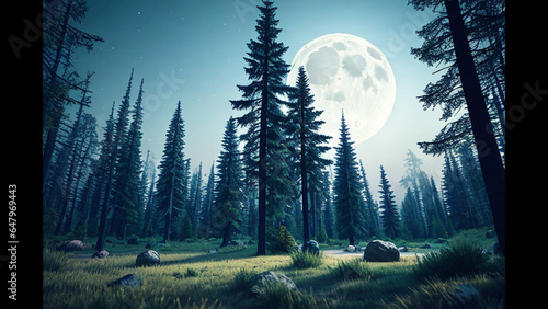 dark forest with a full moon in the background  concept art  conceptual art  photo-realistic unreal engine  blueish moonlight  generative ai  generative  ai