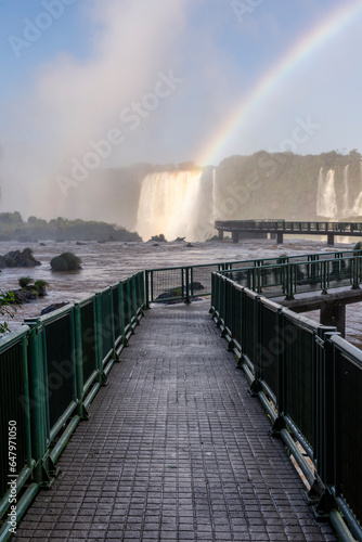 Beautiful view to Iguassu Falls waterfalls with rainbow and green