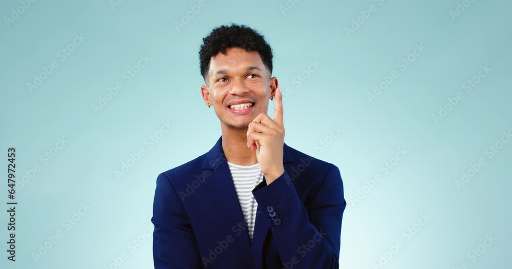 Thinking, business and man with a solution, question and problem solving on a blue studio background. Person, model or employee with decision, answer and choice with ideas, planning and brainstorming Thinking, business and man with a solution, question and problem solving on a blue studio background. Person, model or employee with decision, answer and choice with ideas, planning and brainstorming