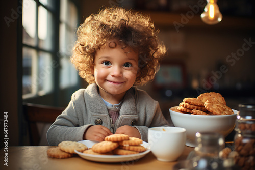 Cute positive caucasian shaggy little boy at table with cookies and milk in kitchen in morning. Children breakfast concept