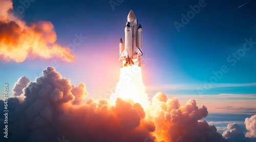 New space rocket lift off. Space shuttle with smoke and blast takes off into space, generative Ai photo